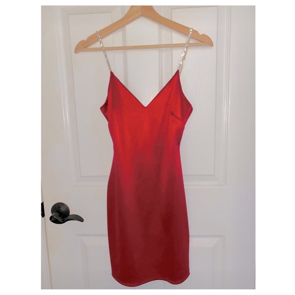 red satin dress with diamond straps Red Skinny Straps Hotfix Rhinestone Satin Dress Aquarius Brand
